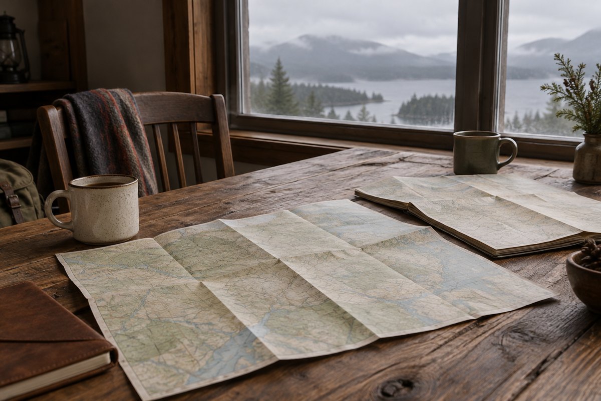 Tavolo di legno con mappe piegate senza scritte e due tazze, finestra coperta