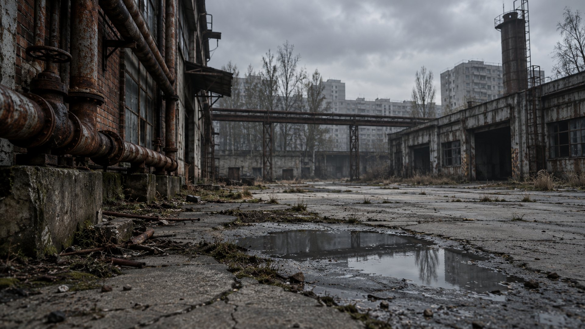 Cortile industriale abbandonato, tubi arrugginiti, pozza scura, palazzi sullo sfondo, senza persone