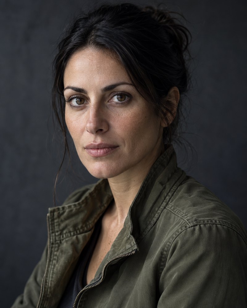 Elena Righi, capelli scuri raccolti, giacca oliva senza marchi