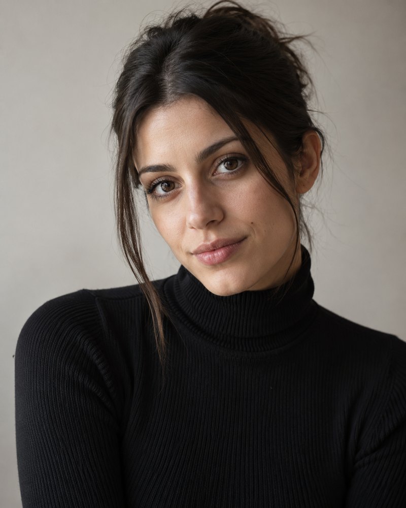 Giulia Neri, dolcevita scuro, luce da studio